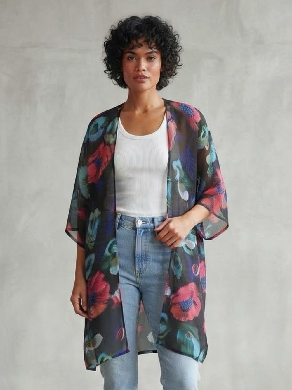Floral Boho Open Front Kimono Cardigan 2XL Pink Blue Sheer Duster Cover Up
